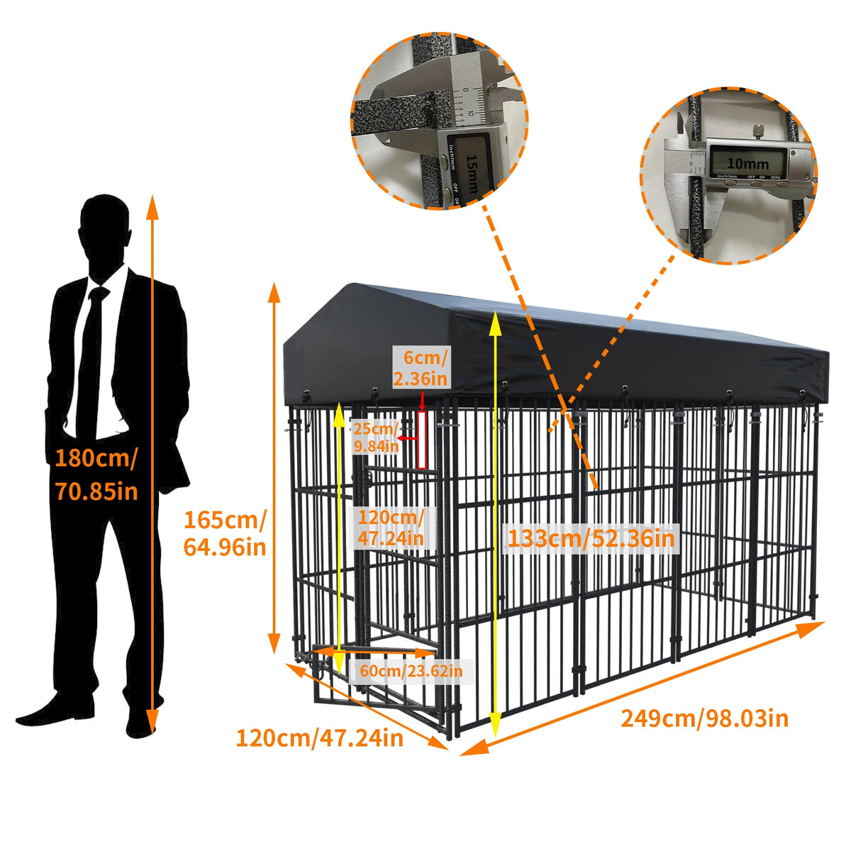 Outdoor Dog Kennel with Roof, Heavy Duty Metal Run