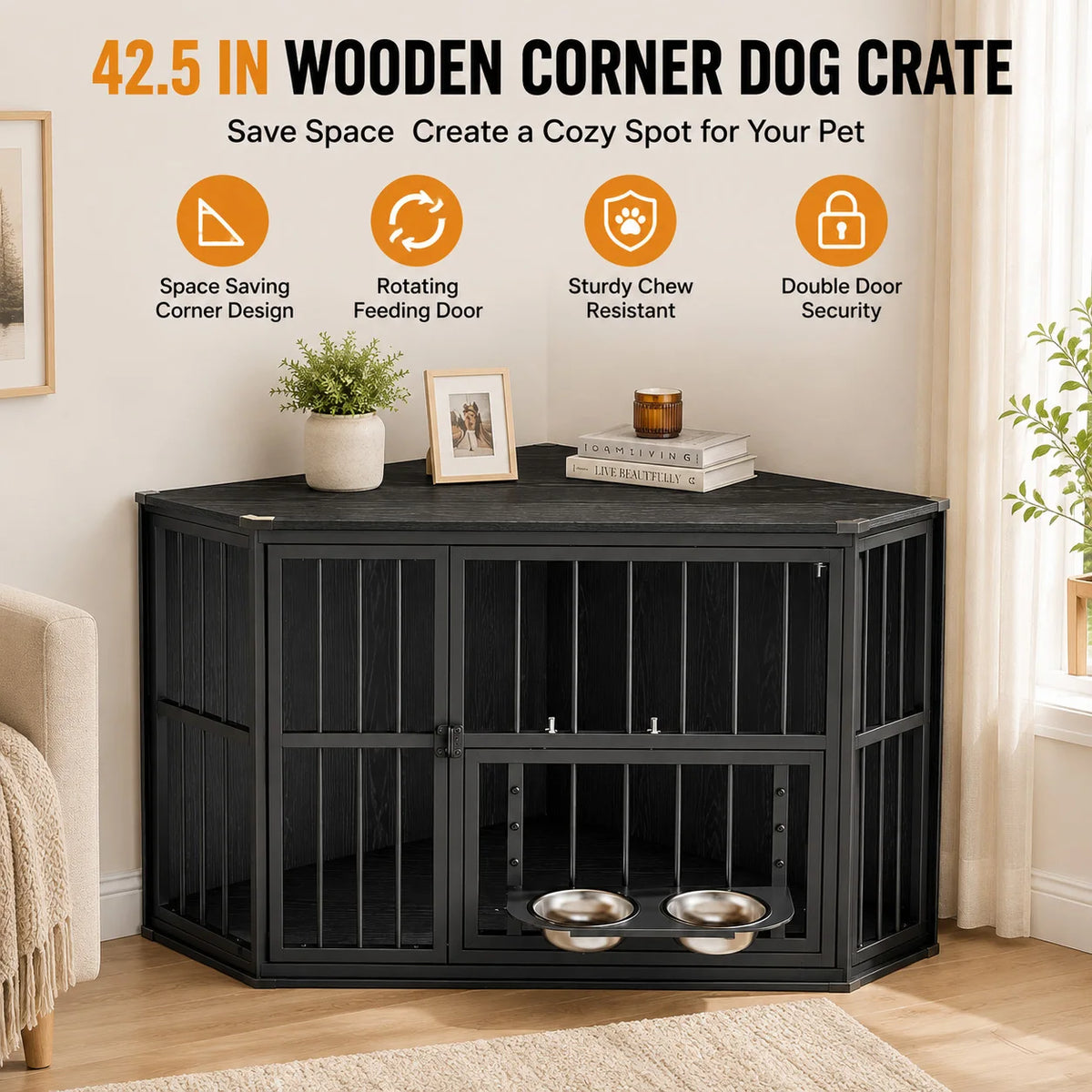 Corner Dog Crate Furniture with Rotating Feeding Door