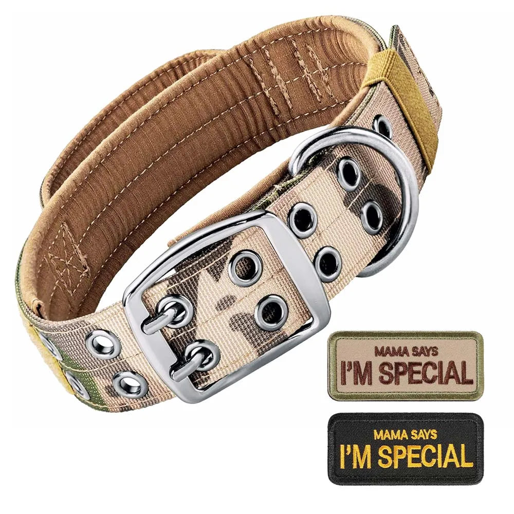 Tactical Dog Collar with Handle, Double Buckle and Patches