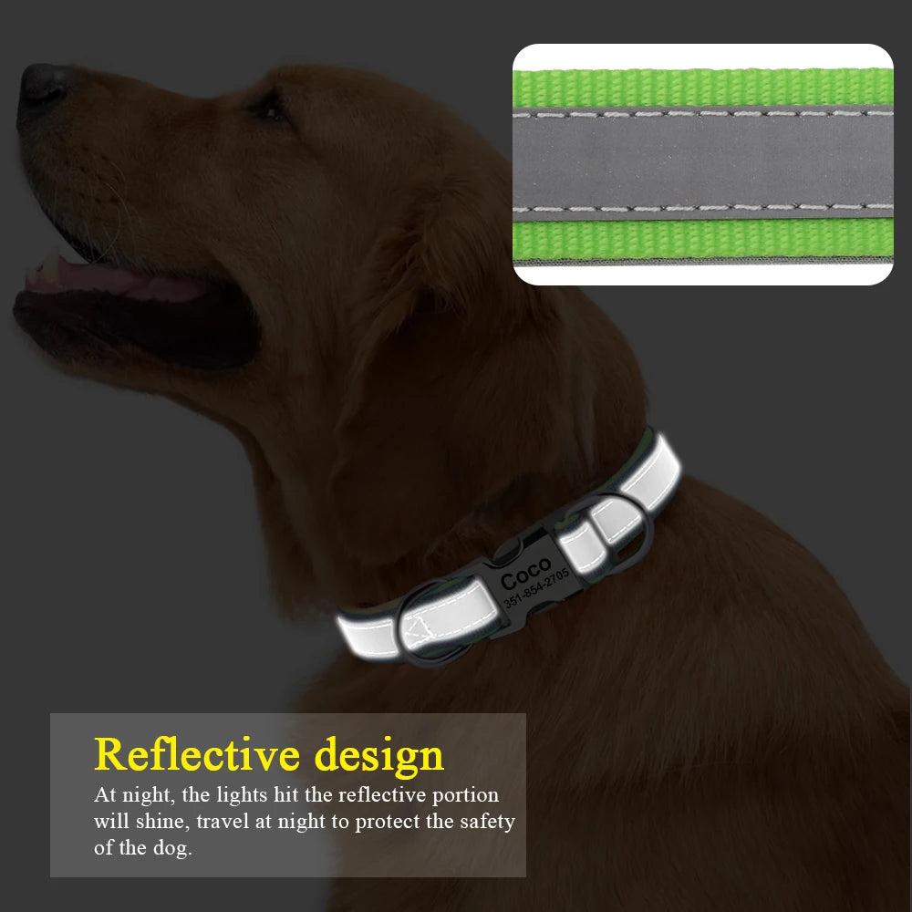 Personalized Reflective Dog Collar with Engraved Name Plate