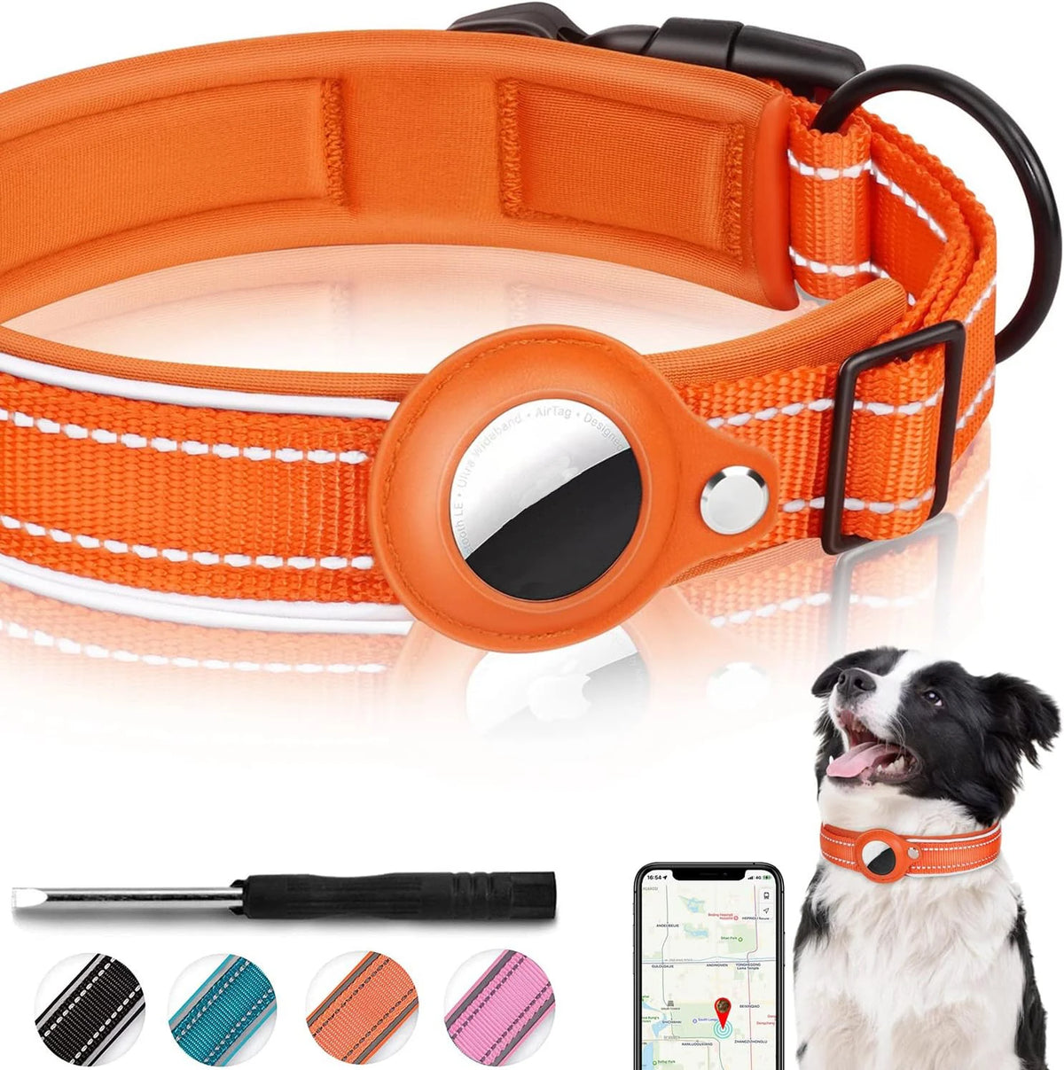 Reflective AirTag Dog Collar with Padded Neoprene Lining, S to XL