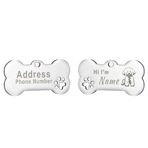 Engraved Bone Dog ID Tag, Personalized Stainless Steel Tag