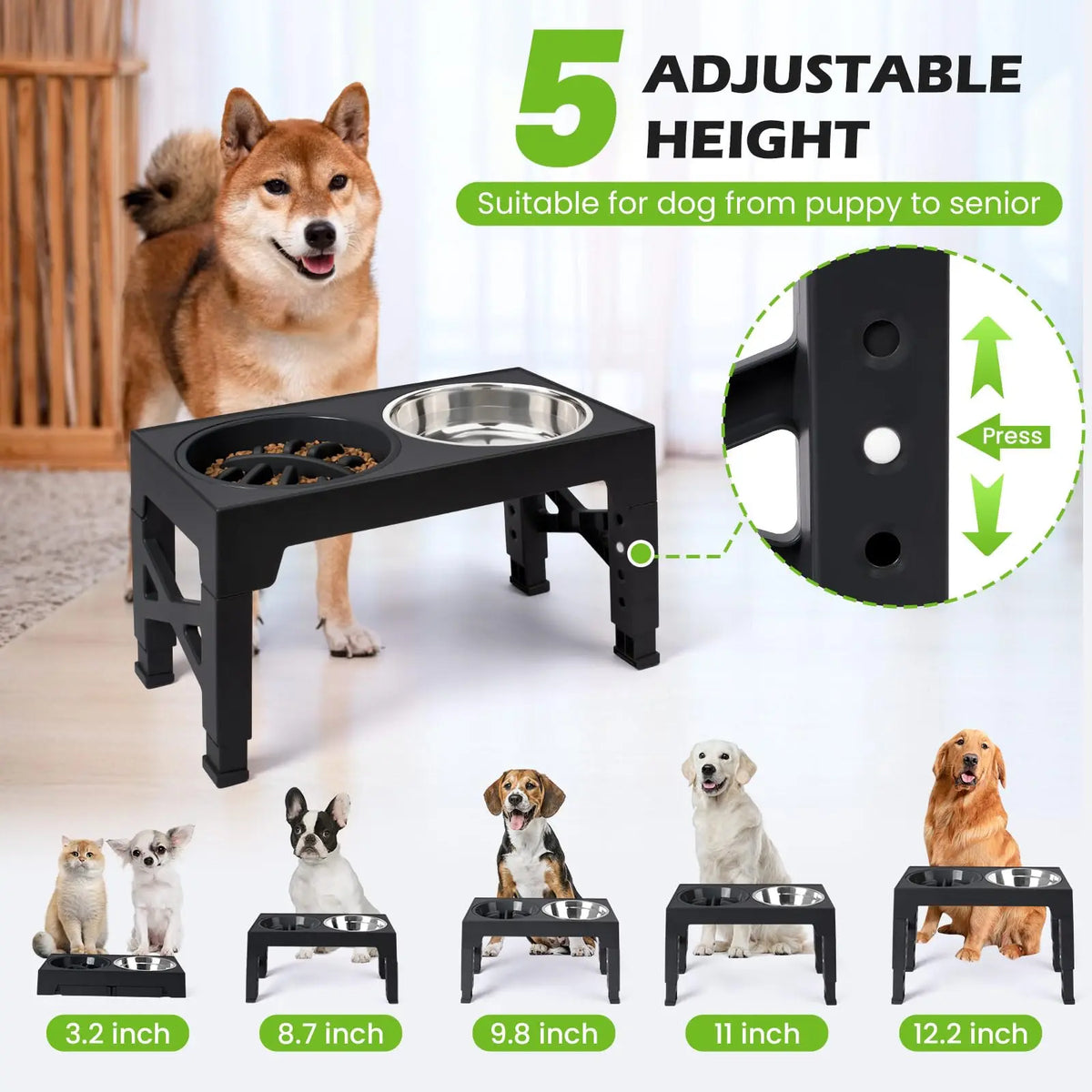 Adjustable Height Elevated Dog Feeder with Double Stainless Bowls