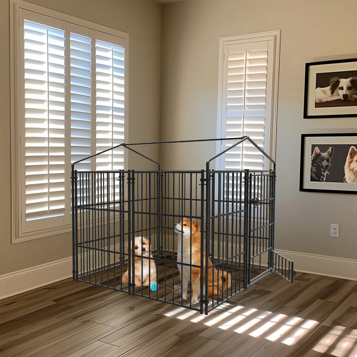 Outdoor Dog Kennel with Roof, Heavy Duty Metal Run
