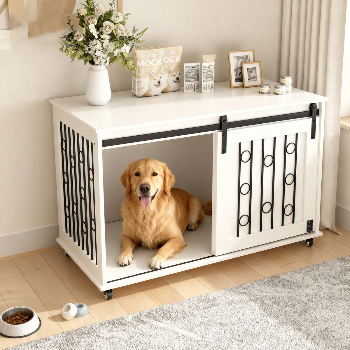Modern Dog Crate Furniture with Sliding Barn Door