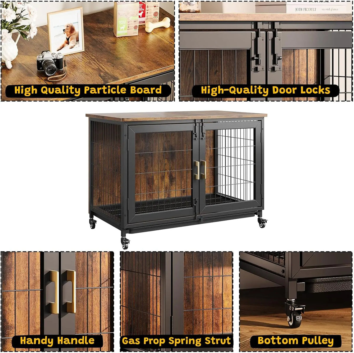 37.5in Wooden Dog Crate Furniture with Locking Wheels
