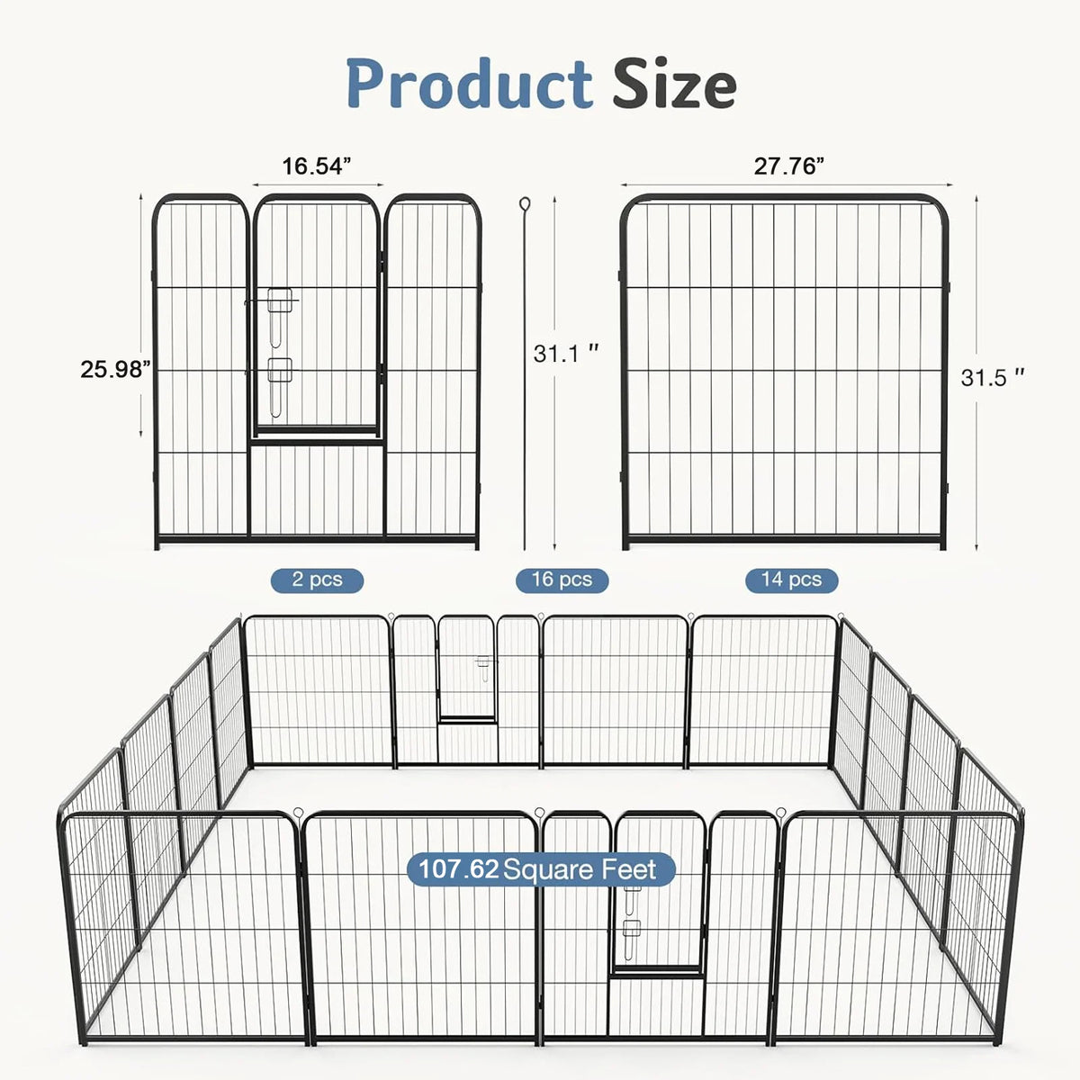 Large Dog Playpen with 16 Panels, 107 Sq Ft Foldable Exercise Pen