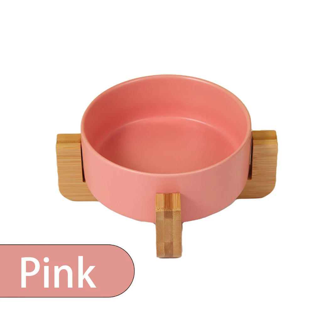 Personalized Ceramic Pet Bowl with Wood Stand for Cats and Small Dogs