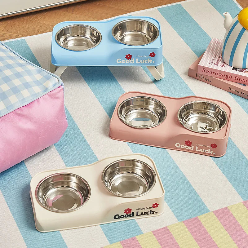 Foldable Elevated Dog Bowl Stand with Double Stainless Steel Bowls