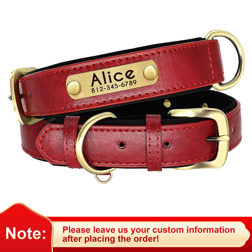 PU Leather Dog Collar with Engraved Nameplate ID Tag, Padded