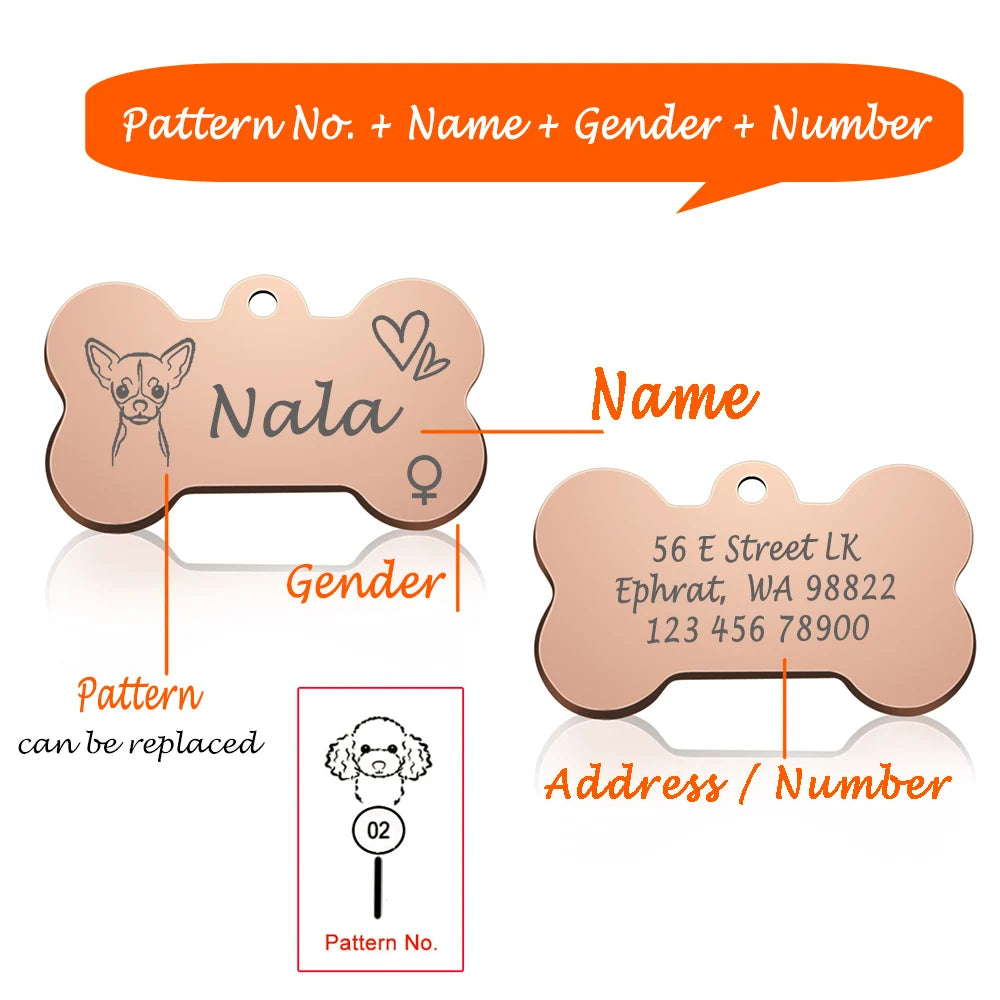 Engraved Dog Face Bone ID Tag, Personalized with Name and Gender