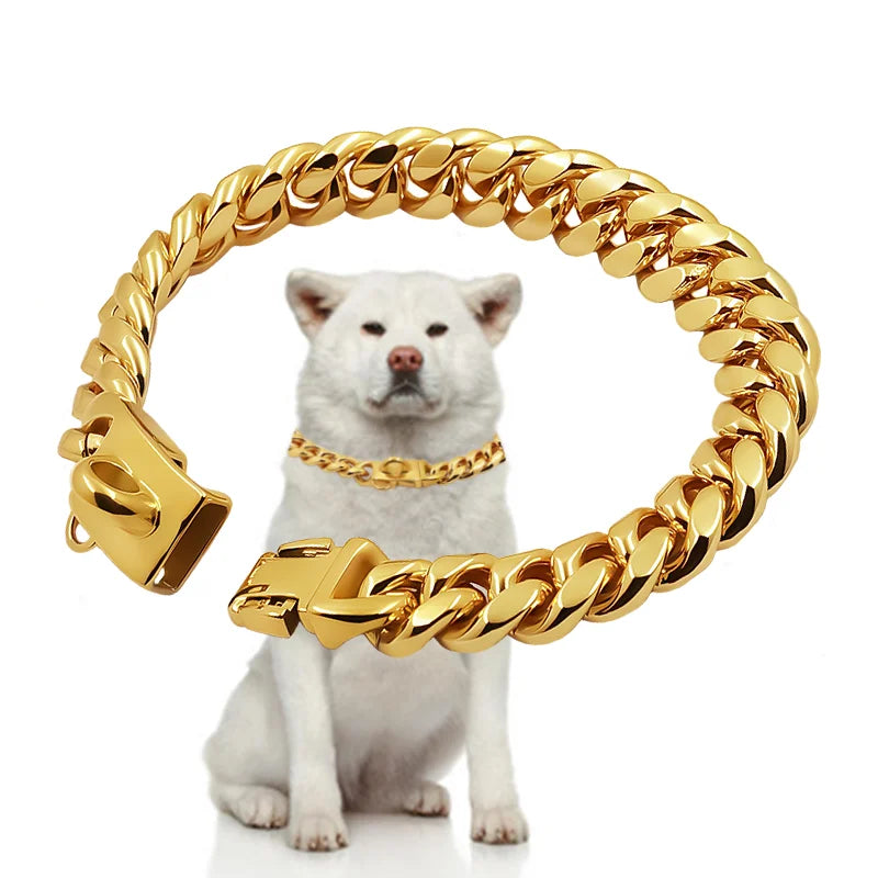 Stainless Steel Cuban Link Dog Chain Collar, 14 mm, Gold or Silver