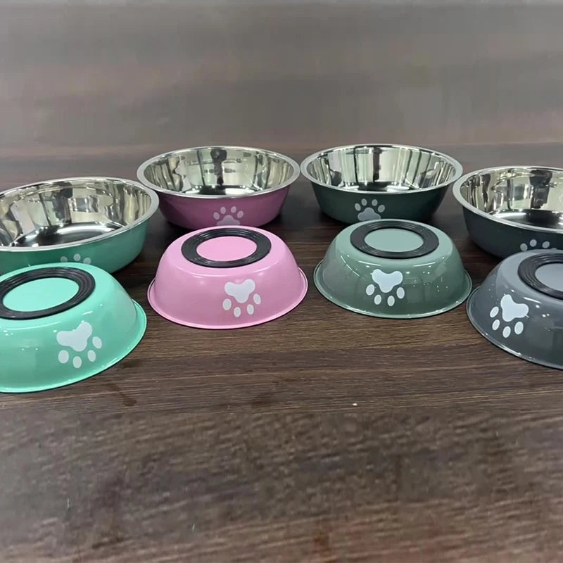 Stainless Steel Dog Bowl with Paw Print and Non-Slip Base